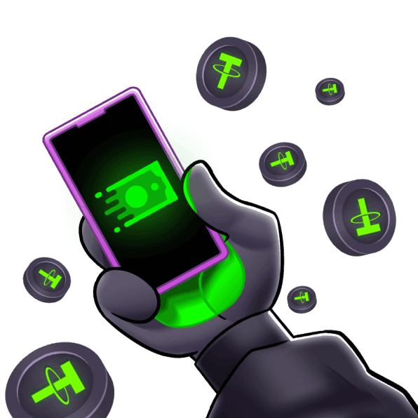 Illustration of a hand holding a mobile phone among floating coins.