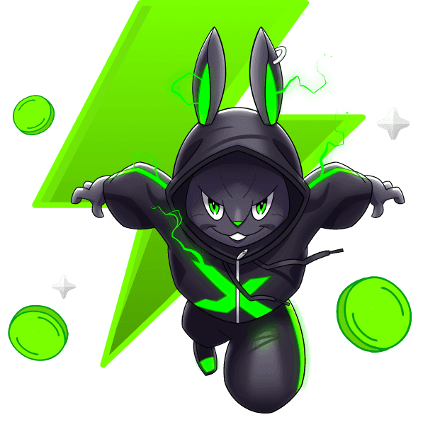 A black rabbit illustration on a green lightning bolt background