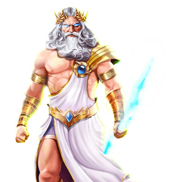 Illustration of Zeus holding lightning bolt.